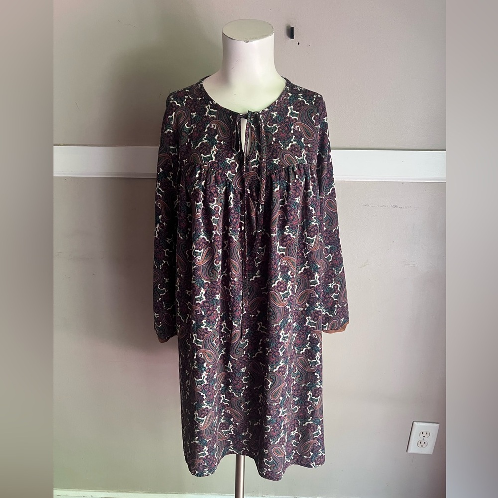 Auditions Paisley Tie-Neck Long Sleeve Dress in Plum and Cream